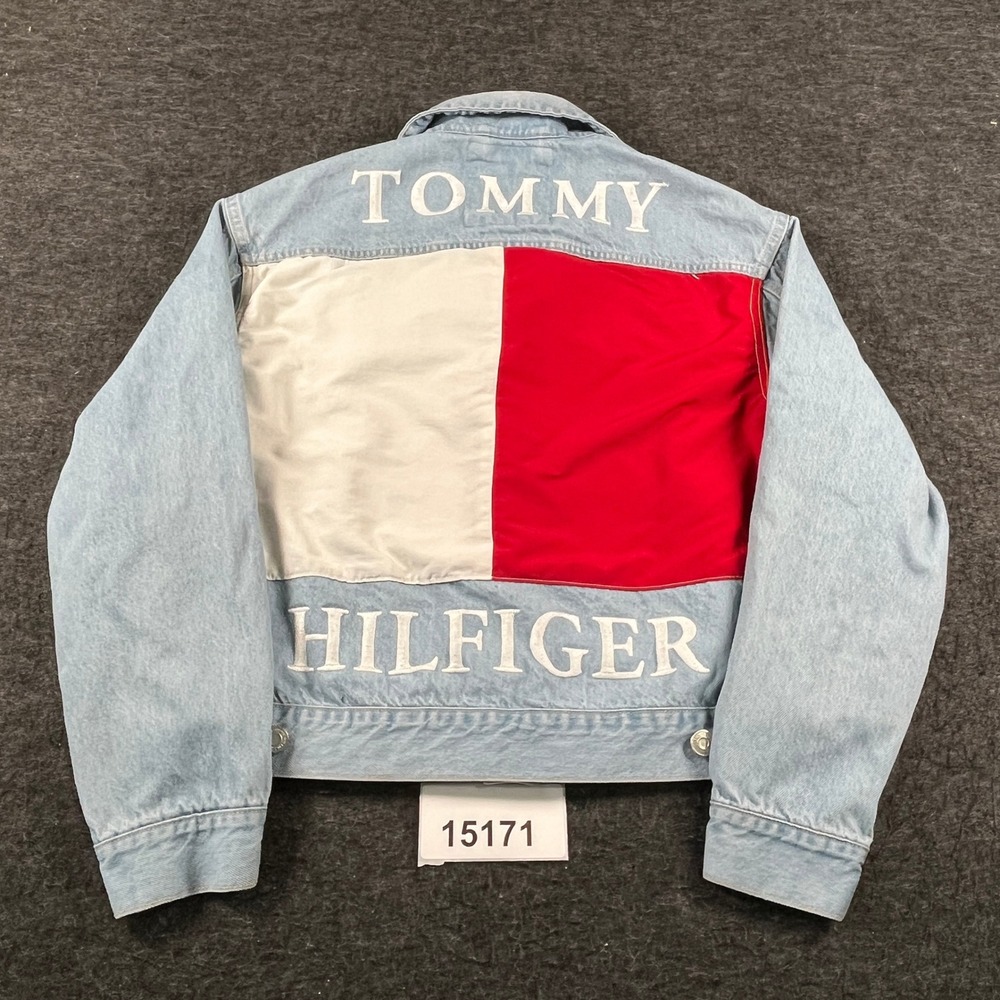 Tommy Hilfiger Denim Jacket Mens S Light Blue Excellent Colorblock Back Logo